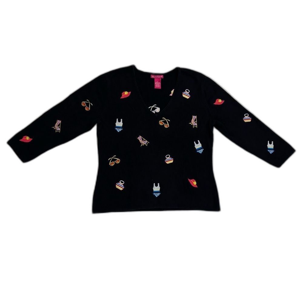 Vintage Alexandra Bartlett Sweater Women's Sz L Black Summer Beach Preppy Casual